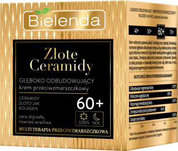 Bielenda Złote Ceramidy krem przeciwzmarszczkowy 60+. Złote opakowanie z czarną etykietą, widok z przodu.