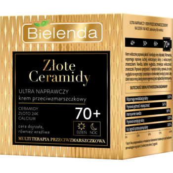 Bielenda Złote Ceramidy krem przeciwzmarszczkowy 70+ z 24K złotem, w złotym pudełku, widok z przodu i boku.