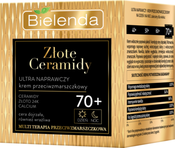 Bielenda Złote Ceramidy 70+ ultra naprawczy krem przeciwzmarszczkowy. Złoto-czarne pudełko widziane z przodu i boku.