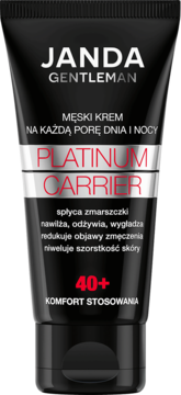Janda Gentleman Platinum Carrier, czarna tuba męskiego kremu 40+, z srebrno-czerwonym etykietą, widok z przodu.