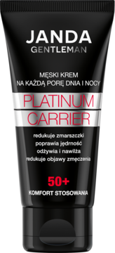 Czarna tuba kremu JANDA GENTLEMAN Platinum Carrier 50+ do twarzy, widok z przodu, z białymi i czerwonymi napisami.
