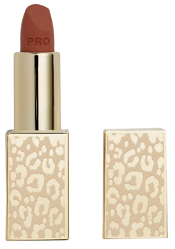 Szminka Revolution Pro New Neutral, złote etui w panterkę otwarte, ukazujące brązowo-czerwony sztyft.
