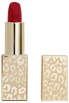 Czerwona satynowa szminka Revolution Pro New Neutral z napisem PRO, w złotym etui w panterkę, otwarta.