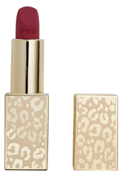 Szminka Revolution Pro New Neutral Struck, otwarta, w złotym opakowaniu z wzorem leoparda, odcień brudnego różu.