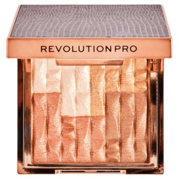 Rozświetlacz Revolution Pro Shimmer Brick Sublime w otwartym, różowo-złotym kompakcie. Cztery teksturowane odcienie od jasnego szampana do brązu.