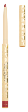 Revolution Pro New Neutral Velvet lip liner, open with bordeaux tip, beside its patterned gold cap.