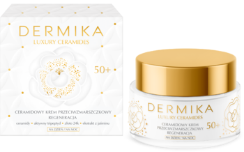 Dermika Luxury Ceramides 50+ regenerujący krem ceramidowy przeciwzmarszczkowy w słoiku i pudełku, widok z przodu.