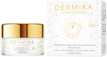 Dermika Luxury Ceramides 50+ krem przeciwzmarszczkowy w słoiczku i opakowaniu na białym tle, widok z przodu.