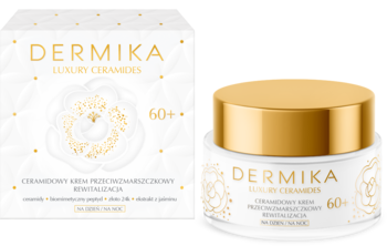 Biały krem Dermika Luxury Ceramides 60+ w złotym słoiczku i kartonowym opakowaniu, widok z przodu.