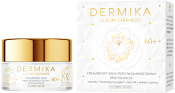 Dermika Luxury Ceramides 60+ rewitalizujący krem przeciwzmarszczkowy. Biały słoik ze złotą pokrywką, obok pudełko.
