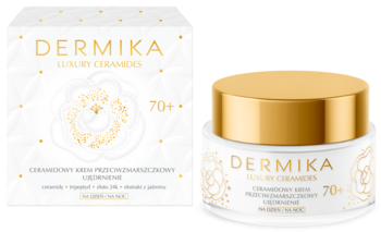 Dermika Luxury Ceramides 70+ ujędrniający krem przeciwzmarszczkowy, biały słoiczek i pudełko ze złotymi detalami.