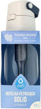 Biała butelka filtrująca Dafi Solid z Tritanu, 0,5L, widoczna w niebiesko-białym opakowaniu detalicznym.
