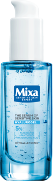 Mixa Hyalurogel serum do skóry wrażliwej, niebieski żel z pompką w szklanej butelce, widok z przodu.