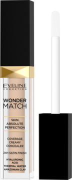 Eveline Wonder Match kremowy korektor w jasnym odcieniu, z aplikatorem. Transparentna tuba, czarna zakrętka.