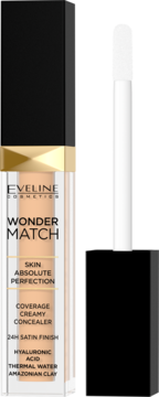 Korektor Eveline Wonder Match z aplikatorem. Kryjący, kwas hialuronowy, woda termalna, 24H satynowy finisz.