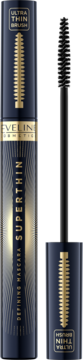 Eveline Superthin Defining Mascara: ciemnoniebieska tubka i otwarta szczoteczka Ultra Thin w złotych detalach.
