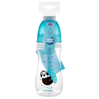 Butelka antykolkowa Canpol babies 330ml, przezroczysta z niebieskim, widok z przodu, z grafiką leniwca.