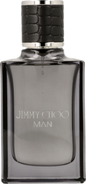 Jimmy Choo Man woda toaletowa, butelka z ciemnoszarego szkła i czarną, teksturowaną zakrętką, widok z przodu.
