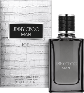 Jimmy Choo Man ICE, szara butelka edt obok białego pudełka z teksturą skóry, logo widoczne z przodu.