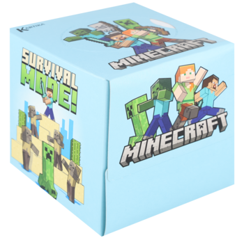 Jasnoniebieskie pudełko Minecraft, z grafiką postaci i napisem 'SURVIVAL MODE!', widok z przodu i z boku.