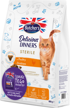 BUTCHER'S Delicious Dinners Sterile,karma pełnoporcjowa sucha dla dorosłych kotów, z drobiem,kompozycja-2