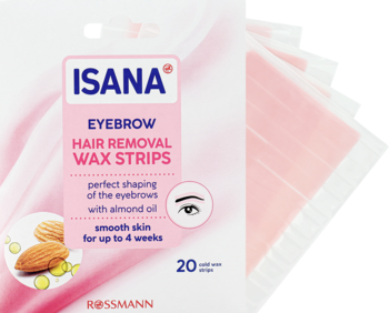 Isana Eyebrow Hair Removal Wax Strips, różowo-białe opakowanie z napisem, migdałami i ikoną oka, widok z przodu.