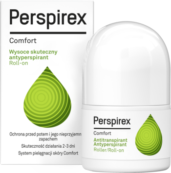 Białe opakowanie Perspirex Comfort Antyperspirant Roll-on obok białej butelki roll-on z zielonym logo.