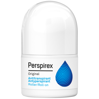 Biały antyperspirant Perspirex Original w butelce roll-on z niebieskim logo kropli i napisami, ujęcie frontalne.