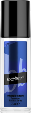 Pionowa butelka bruno banani Magic Man Deodorant Natural Spray 75ml, z ciemnoniebieską etykietą i czarną nakrętką.
