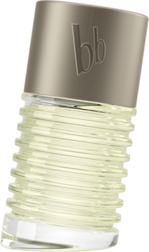 bruno banani Man EDT, ukośny flakon z żłobionego szkła, przezroczysty z beżową nakrętką i logotypem 'bb'.