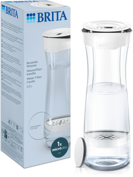 Brita butelka filtrująca wodę biała, przezroczysta karafka z filtrem MICRODISC. Widok produktu i pudełka.