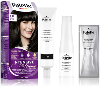 Zestaw farby do włosów Palette Intensive Color Creme 1-0 Czarny Blask w fioletowym opakowaniu.