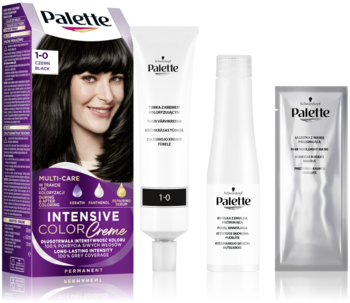 Zestaw farby do włosów Palette Intensive Color Creme 1-0 Czarny Blask w fioletowym opakowaniu.