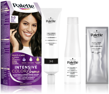 Zestaw farby do włosów Schwarzkopf Palette Intensive Color Creme 3-0: pudełko, tuba, butelka, saszetka.