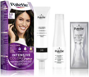 Zestaw farby do włosów Schwarzkopf Palette Intensive Color Creme 3-0: pudełko, tuba, butelka, saszetka.