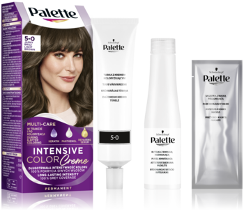 Palette Intensive Color Creme 5-0 zestaw do koloryzacji: fioletowe pudełko, tubka, butelka i saszetka, widok z przodu.
