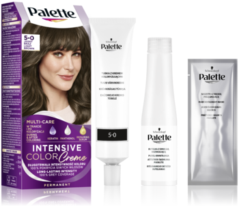 Palette Intensive Color Creme 5-0 zestaw do koloryzacji: fioletowe pudełko, tubka, butelka i saszetka, widok z przodu.