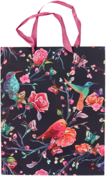 Elegancka torba prezentowa 26x32 cm, czarna, z barwnymi kolibrami, motylami i różowymi kwiatami, uchwyty różowe.