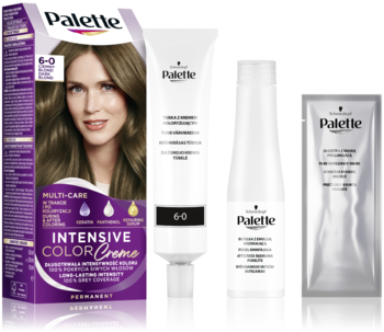 Zestaw farby do włosów Palette Intensive Color Creme 6-0: fioletowe pudełko, tubka, butelka i saszetka.