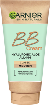 Tubka Garnier BB Cream Hyaluronic Aloe, odcień Classic Medium, jasna z beżowymi akcentami, widok z przodu.