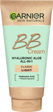 Garnier BB Cream Hyaluronic Aloe All-in-1 Classic Light, beżowo-miętowa tubka z napisem 'BB', widok z przodu.