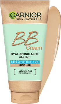 Garnier Skin Naturals BB Cream All-in-1 Hyaluronic Aloe, medium shade, beige tube, with swatch.