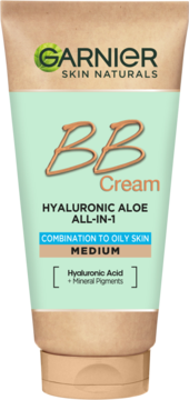Tuba Garnier BB Cream Hyaluronic Aloe, odcień Medium do cery mieszanej i tłustej, beżowo-zielona, widok z przodu.