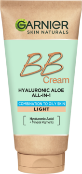 Garnier Skin Naturals BB Cream Hyaluronic Aloe, Light, do skóry mieszanej/tłustej, SPF20, widok z przodu.