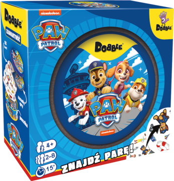 Gra Dobble Paw Patrol w niebieskim pudełku. Widok z przodu, z bohaterami kreskówki i napisem ZNAJDŹ PARĘ!