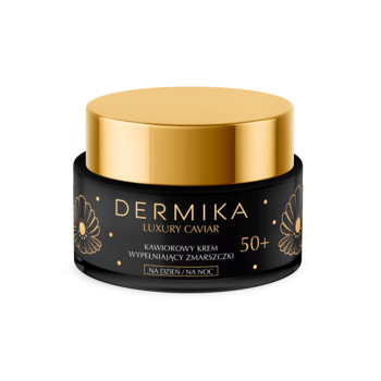 Dermika Luxury Caviar 50+ kawiorowy krem wypełniający zmarszczki w czarnym słoiku ze złotą nakrętką, lekko z boku.