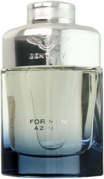Woda perfumowana Bentley For Men Azure w przezroczystej butelce z błękitną gradacją i srebrną zakrętką, widok z przodu.