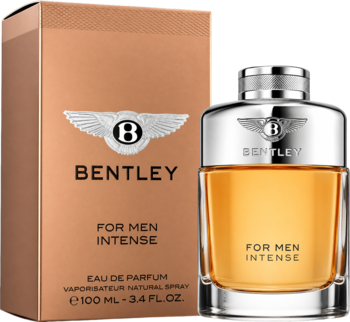 Bentley For Men Intense EDP 100ml: bursztynowa butelka z metalowym korkiem, złoto-brązowe pudełko, widok pod kątem.