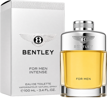 Bentley For Men Intense woda toaletowa: bursztynowa butelka z logo i białe pudełko, widok z przodu.