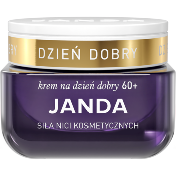Krem Janda Siła Nici Kosmetycznych 60+ w purpurowym słoiczku ze złotym paskiem i białym wieczkiem, widok z przodu.